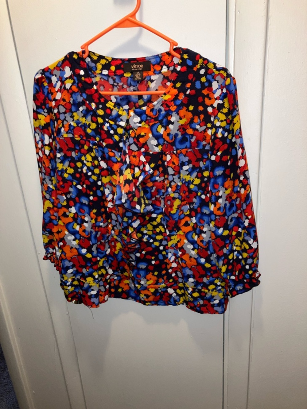 Victor Alfaro Multicolor Floral-Print Ruffle Blouse 100% Silk Size 14